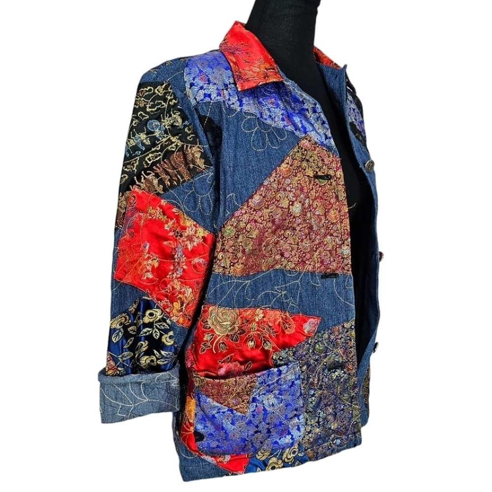 Chicos Patchwork Denim Jacket Womens Size Small Boho Jacquard Festival Vintage - Picture 4 of 16